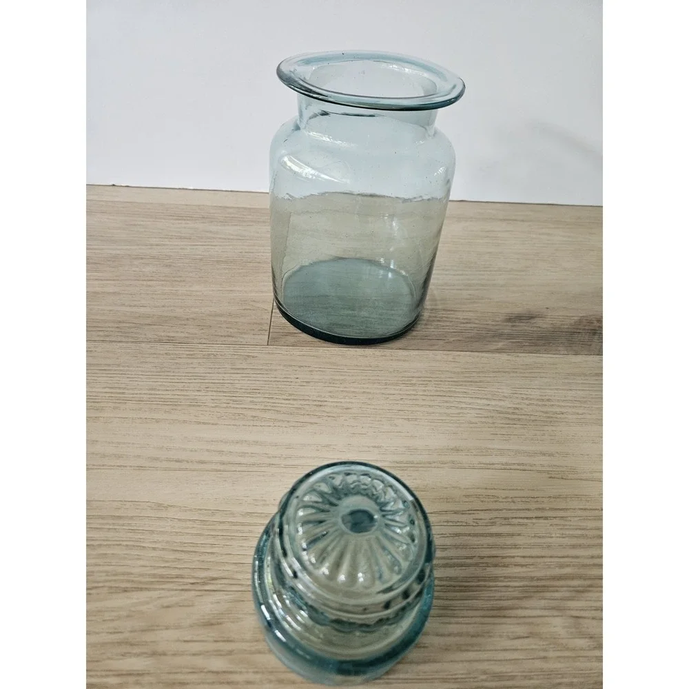 Vintage Takahashi Glass Apothecary Jar Teal‎ Blue Green MCM Canister With Lid 8